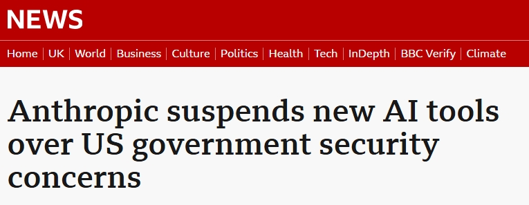 BBC News headline reporting Anthropic disabling access to its Fable 5 and Mythos 5 models